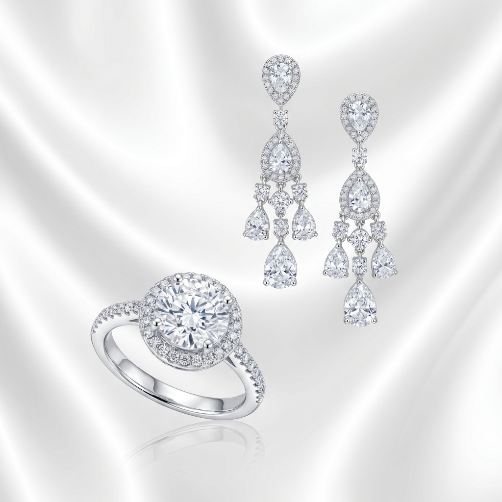 Celestial Bridal Suite: Solitaire ring paired with chandelier cascade earrings